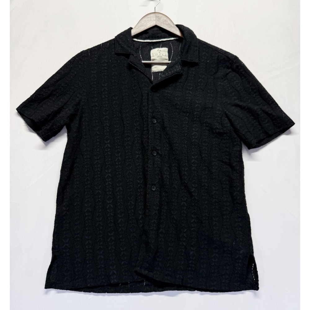 Bruno Oasis Shirt Mens Small Black Textured Rayon Camp Collar Button Up Beach